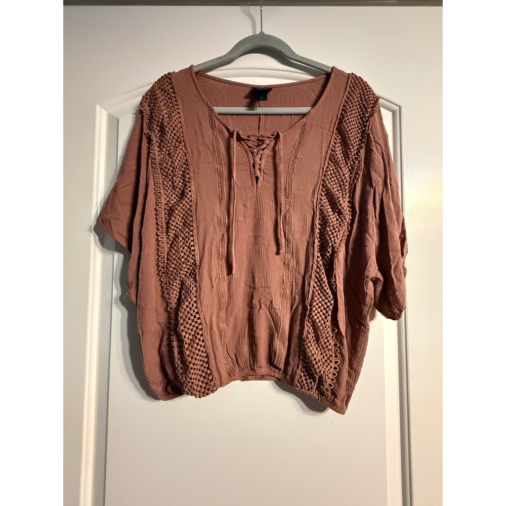 Daytrip Blouse Medium Mauve Pink Boho Lace Up Gauze Top Cottagecore Peasant
